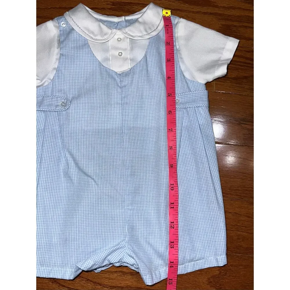 Petit Ami Baby Boys Blue Gingham Side Tab Peter Pan Collar Romper Size Newborn